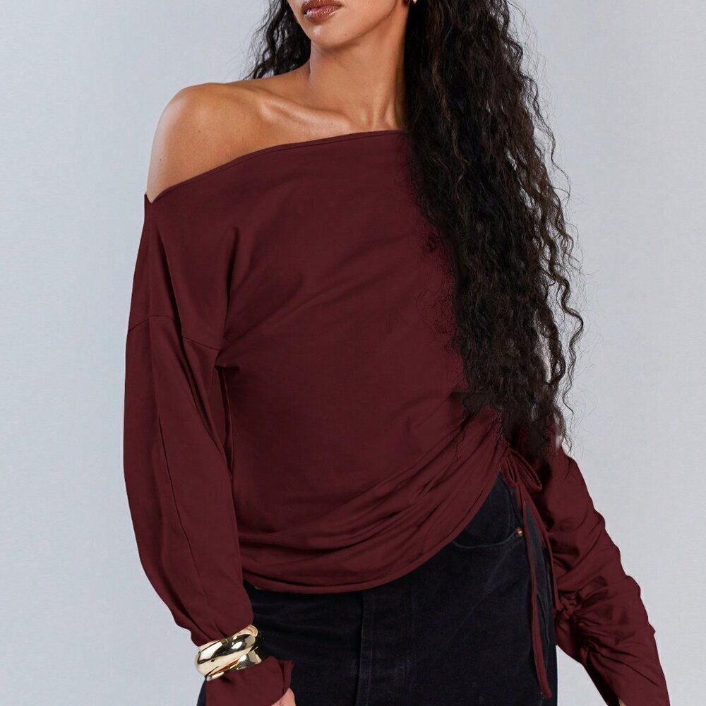 burgundy Casual Women's Asymmetric Collar Drawstring Top - Picture 5 of 7